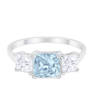3 Stone Wedding Ring Princess Cut Simulated Aquamarine CZ 925 Sterling Silver